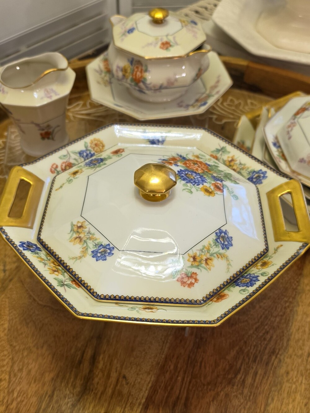 Theodore Haviland Limoges Octagonal Covered Vegetable Dish Vintage Peonies